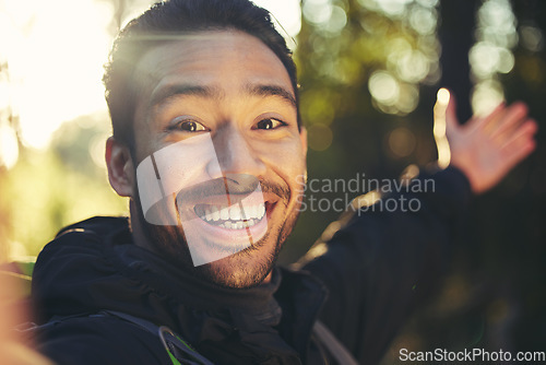 Image of Hiking man, portrait or selfie in forest, nature woods or trees environment for travel blog, social media or profile picture. Smile, happy or hiker face in photography for Japanese fitness influencer