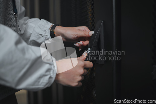 Image of Entrance, hands and worker opening a server room for cyber security, programming and coding. Programmer, business and technician entering an office for hardware, database and cloud computing