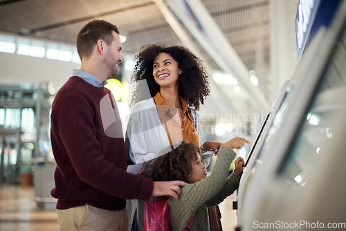 Image of Self service, travel and interracial with family in airport for check in, vacation and global. Technology, digital and smile with parents and child for holiday, flight and ticket information