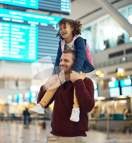 Image of Father, travel and piggyback girl at airport, laughing at comic joke and having fun together. Immigration flight, adoption care and happy man carrying foster kid or child at airline, bonding or smile