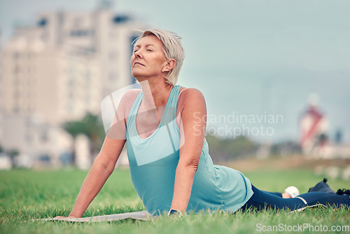 Image of Cobra stretching, senior woman and yoga on grass for workout, training and fitness. Elderly lady, pilates exercise and flexible body outdoor on mat, nature and wellness, healthy lifestyle and push up