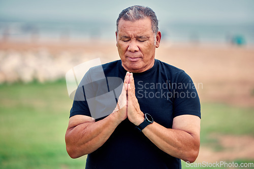 Image of Yoga meditation, senior man and outdoor fitness for pilates wellness, mental health or chakra energy exercise. Elderly male meditate in nature to relax for peace, healing mindset or zen namaste hands