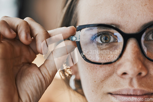 Image of Portrait, eyes and woman with glasses for optical healthcare, prescription or perception. Female, face and spectacles of eye care, optometry and fashion frames for cosmetic beauty, lens choice or see