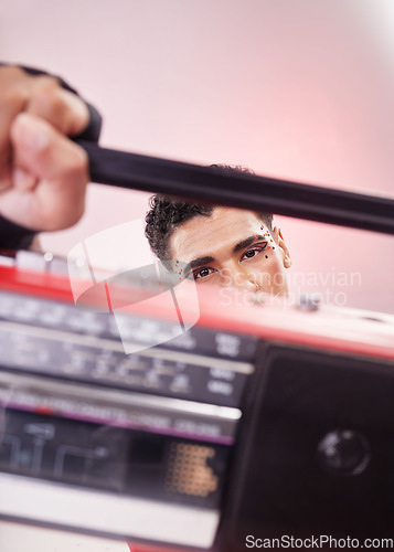 Image of Boombox, portrait and young man isolated on gradient background music, gen z aesthetic and streetwear. Dancer, hip hop and lgbtq, queer or gay model or youth person listening to retro, vintage radio