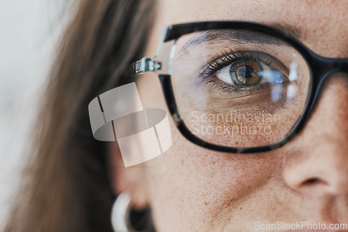 Image of Half face, eyes and woman with glasses for optical healthcare, vision or perception. Female, portrait and spectacles of eye care, optometry and frames for cosmetic fashion, lens choice or sight