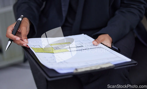 Image of Closeup, woman and clipboard with document, information and survey for data analytics. Zoom, female employee and leader with paperwork, pen and compliance for review, report and personal details