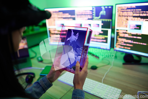 Image of Game, developer and coding person with metaverse character development and programming futuristic technology. Computer, screen and hands of data creative or creator in the digital web or internet