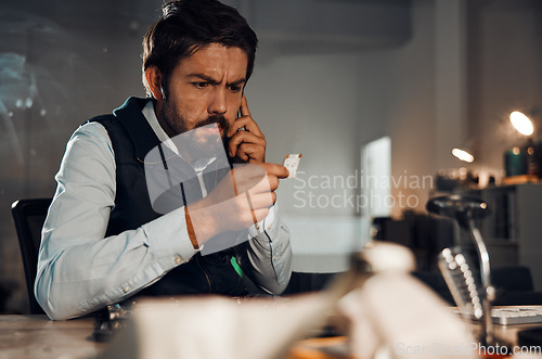 Image of Serious, technician and engineering with man and chip for technology repair, electric circuit and hardware. Thinking, problem solving and electrical maintenance with handyman for broken CPU industry