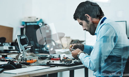 Image of Information technology, motherboard hardware circuit and man repair computer, electronics or semiconductor. CPU system maintenance, service industry profile and IT worker fixing microchip in tech lab