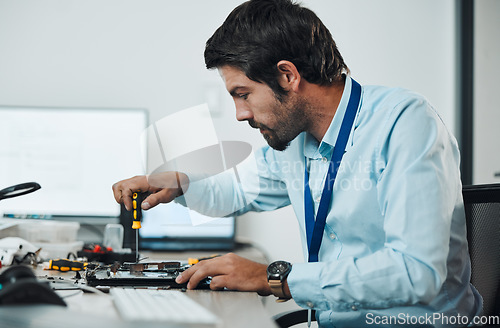 Image of Serious man, it or screwdriver for motherboard fixing in engineering workshop for database update. Technician, circuit board or tools in repair, maintenance upgrade or information technology industry