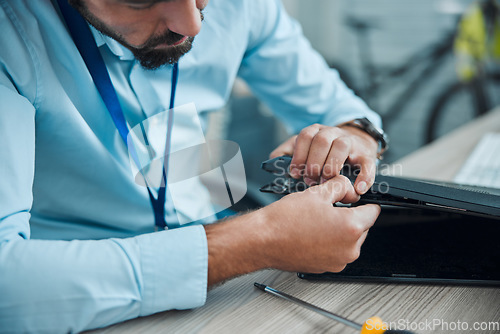 Image of Computer repair, programming and startup man technician working on cpu, circuit and microchip. IT maintenance, technology hardware and electrician engineer fix code, motherboard and processor