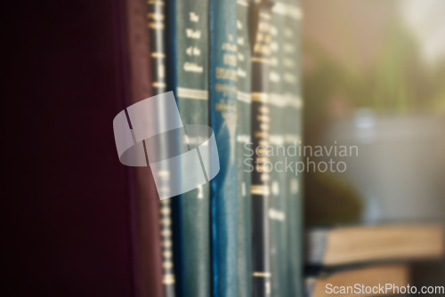 Image of Education, learning and books on a shelf for knowledge, law and college studying. Library, scholarship and a bookshelf at a school or university with a vintage catalog of books for academic research