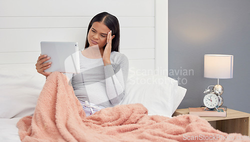 Image of Pregnant, woman and video call for health in home bed with headache and tablet for online consultation. Person with stress or depression in pregnancy bedroom with mobile app for communication or chat