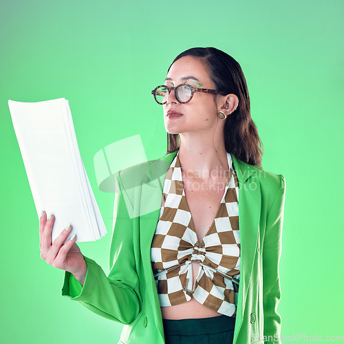 Image of Fashion, paperwork and business woman isolated on green background for design career, gen z resume and internship. Young person or model with retro clothes and documents for job opportunity research