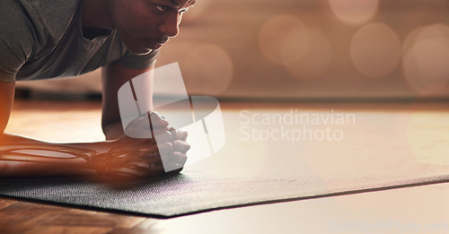 Image of Fitness, mockup and x ray with a sports black man in a studio or gym for a strong core and plank exercise. Workout, mock up and anatomy with a male athlete training for health, wellness or strength