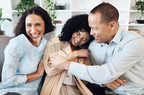 Image of Mature parents, black family and daughter hug together on sofa for love, bonding and fun with happy mother portrait. Excited, funny and laughing USA people or woman with mom and dad on couch at home