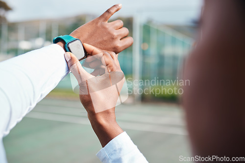 Image of Closeup, fitness and black woman with smartwatch with hands, check training progress and exercise. Zoom, African American female or athlete with tracker, workout or timing practice for goal or target