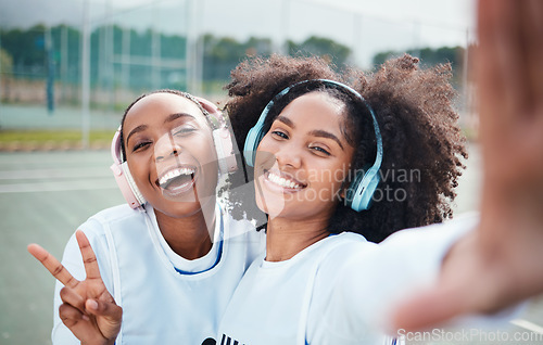 Image of Friends, selfie and black women in portrait, netball and sports with team on court outdoor, smile and peace hand sign. Face, headphones and gen z with fitness, train for game and happy in picture