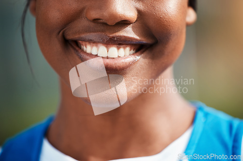 Image of Dental, teeth and smile by black woman with oral hygiene, clean and whitening for self care with tooth implant. Healthcare, closeup and happy female person feeling excited for mouth wellness