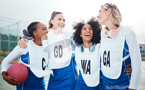 Image of Netball, team and friends laugh, women on outdoor court together and funny, sports and diversity. Happy athlete group, training for game and gen z with fitness and trust with support and humor