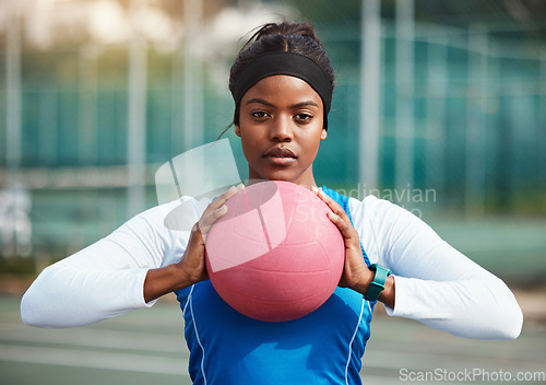 Image of Portrait, serious black girl with netball and sports, fitness and training for game outdoor, confident teen and ready. Exercise, athlete and African female with ball, healthy and active lifestyle