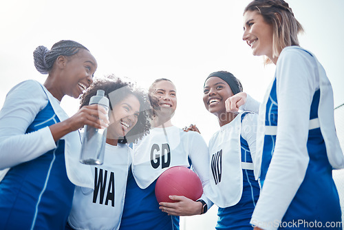 Image of Happy netball team or group of woman with funny sports conversation and discussion of training or practice. Athlete friends, people or gen z laughing, talking and excited for game in diversity