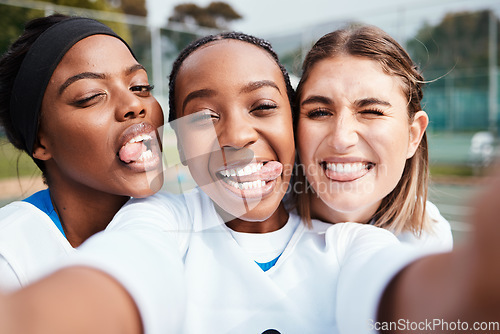 Image of Black woman, friends and silly portrait for selfie, vlog or goofy sports team in social media outdoors. Happy women funny faces for profile picture, photo or post in memory for fun netball sport day