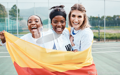 Image of Winning netball, sports flag and team celebration, excited or celebrate competition award, victory winner or court game. Germany people, teamwork achievement and portrait of athlete happy for success