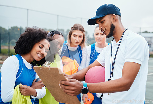 Image of Clipboard strategy, netball sports team and coach planning game plan, teamwork collaboration or explain competition idea. Coaching athlete, teaching and talking people listening to fitness challenge