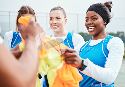 Image of Netball, team color and exercise, girl on court outdoor for sports, student league and train for game. Athlete, teen and gen z with fitness, collaboration and competition with happiness and diversity