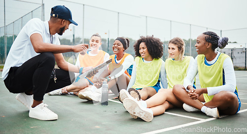Image of Netball strategy, happy sports team and coach planning game plan, teamwork collaboration or explain competition idea. Coaching athlete, teaching or talking group of people listen to fitness challenge