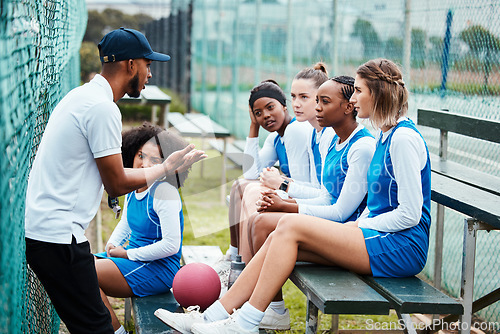 Image of Netball strategy, sports team and coach explain game plan, teamwork collaboration or planning competition idea. Coaching athlete, teaching and talking group of people listening to fitness challenge