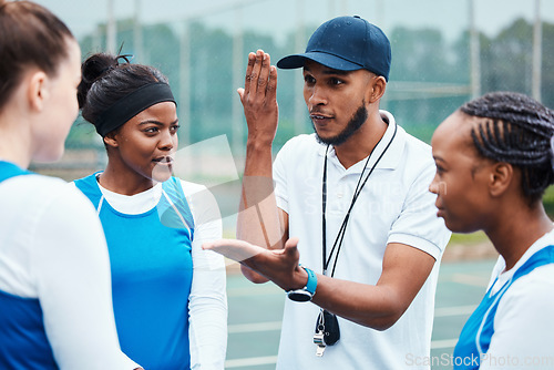 Image of Coach, strategy and collaboration with sports people listening to tactics or instructions on a court. Fitness, team and planning with a black man talking to a group of girls during a competition