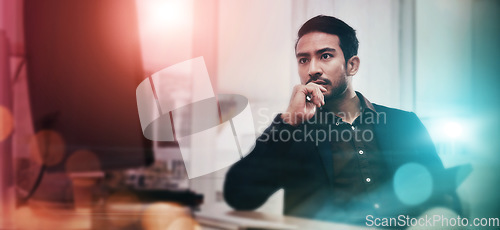 Image of Serious, computer and business man in office for research, thinking and software developer with bokeh. Website, database and technology with employee for idea, project proposal and app management