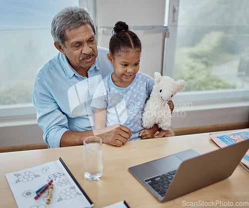 Image of Homework, elearning and grandfather with girl and laptop for streaming, schoolwork or home schooling. Internet , technology and education with old man and child for subscription or distance learning