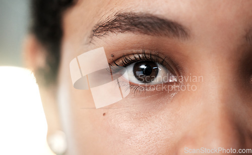 Image of Eyes, vision and eye care with woman and face closeup, contact lens with lashes and eyebrow, focus and optometry Cosmetic, eyesight and female perspective with iris, ophthalmology and health