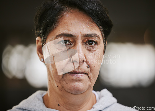 Image of Serious, fitness and portrait of old woman at gym for health, exercise and sweating. Workout, wellness and sad with face of senior lady for training, tired and exhausted in sports club center