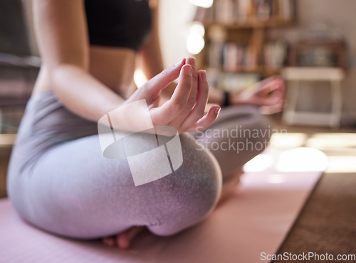 Image of Yoga, lotus hands and woman in meditation, zen fitness and training for mindfulness, spiritual healing and peace. Meditate, holistic workout and calm person with balance and wellness at home closeup