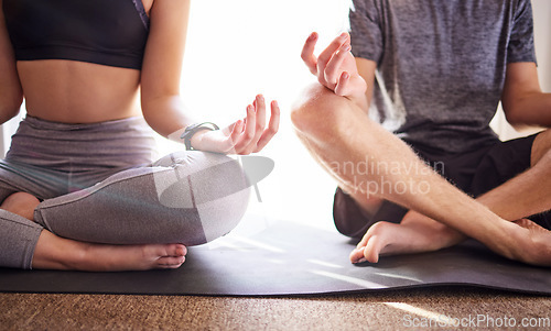 Image of Yoga, couple of friends meditation and lotus hands in zen fitness and training for mindfulness, spiritual healing and peace. Meditate, holistic workout of people or personal trainer in wellness class