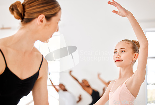 Image of Training, ballet and dance with girl and mentor for learning, creative and art in studio. Wellness, flexible and talent with children learning in ballerina class for concert, music and performance