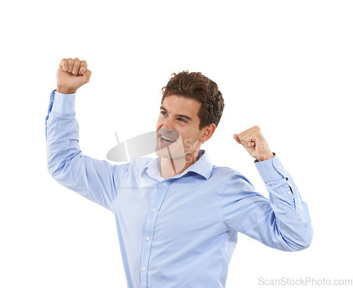 Image of Winner, yes and man isolated on a white background for winning, success and bonus arms or fist pump. Celebration, goal achievement and happy business person or excited model celebrate win in studio