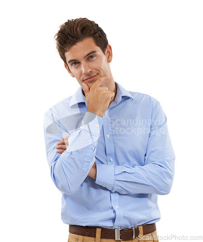 Image of Thinking, idea and portrait of a businessman in a studio with a pensive or contemplating face expression. Confidence, professional and corporate male model with pondering gesture by white background.