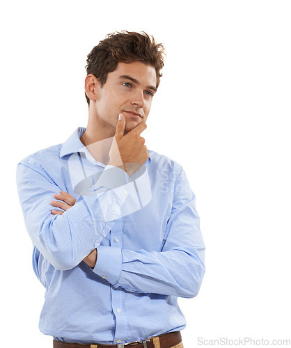 Image of Young business man thinking, isolated on a white background contemplating career, job or work decision. Wonder, contemplating and professional person or model for ideas or inspiration in studio