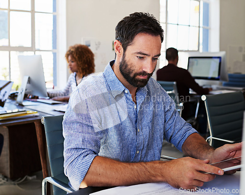 Image of Corporate man, tablet and office with focus, reading and planning for web design, seo and website ux. Businessman, coworking and digital touchscreen ui for online strategy, goals and brainstorming