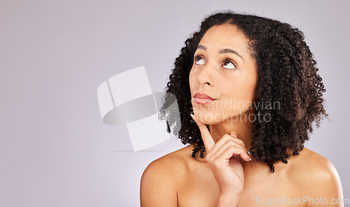 Image of Black woman, thinking and skincare in studio with ideas, confused and brainstorming with beauty. Young gen z model, healthy skin glow and idea with girl focus, vision and wellness by gray background