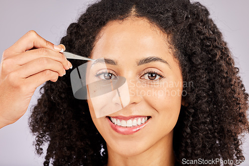 Image of Eyebrow grooming, face tweezer and portrait of black woman with dermatology and facial hair cleaning. Skincare, epilation and clean beauty routine of a young model in a studio doing skin pore removal