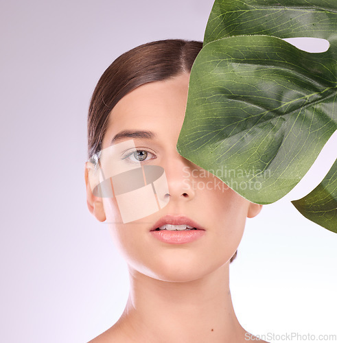 Image of Woman, portrait and monstera leaf for beauty, natural cosmetics and aesthetic wellness on studio background. Face, model and skincare from plants, green leaves and sustainability of vegan dermatology