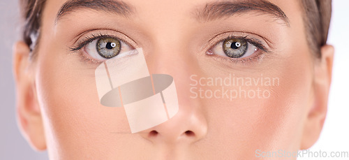 Image of Portrait, eyes and woman in studio for makeup, beauty and skincare treatment closeup. Face, zoom and microblading or mascara for girl model with luxury lash, cosmetic or skin cosmetology satisfaction