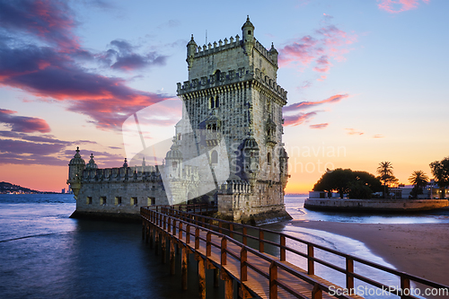 Image of Belem Tower on the bank of the Tagus River in dusk after sunset. Lisbon, Portugal