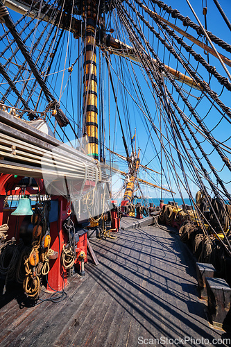 Image of Deck with masts and ropes of wooden Age of sail sailing ship